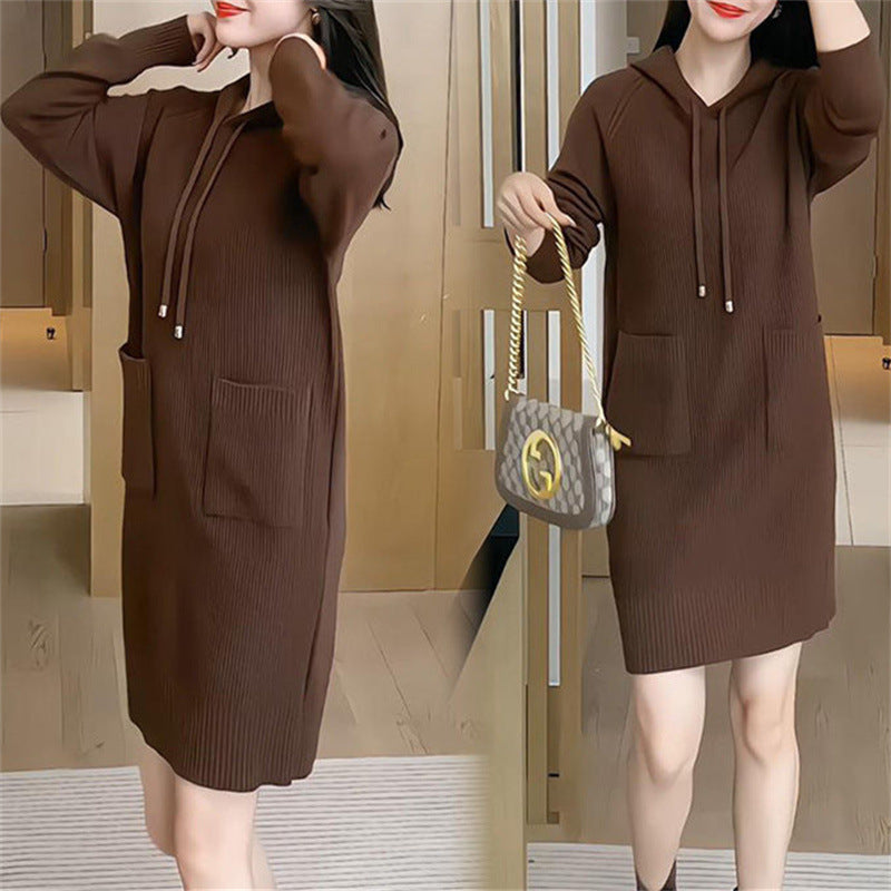 Women's knitted dress with hood and practical pockets NOVAE