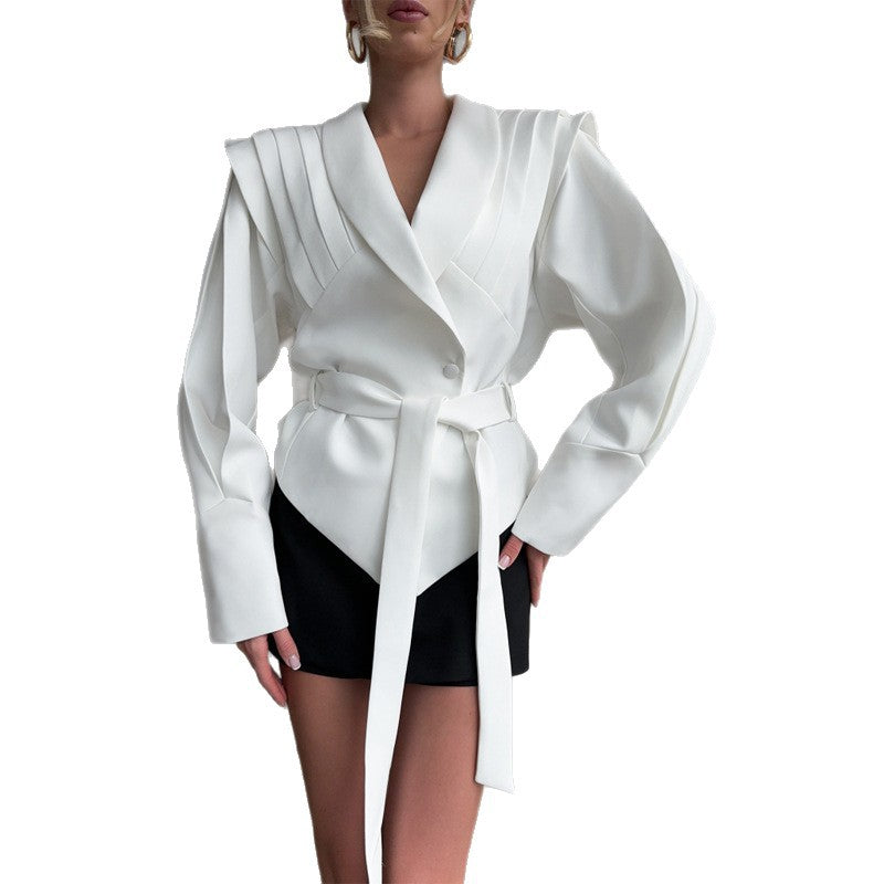 Women's couture blazer with elegant collar and waist belt NOVAE