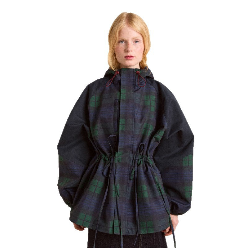 Women's oversized jacket in a casual plaid design with practical pockets and drawstring waist NOVAE