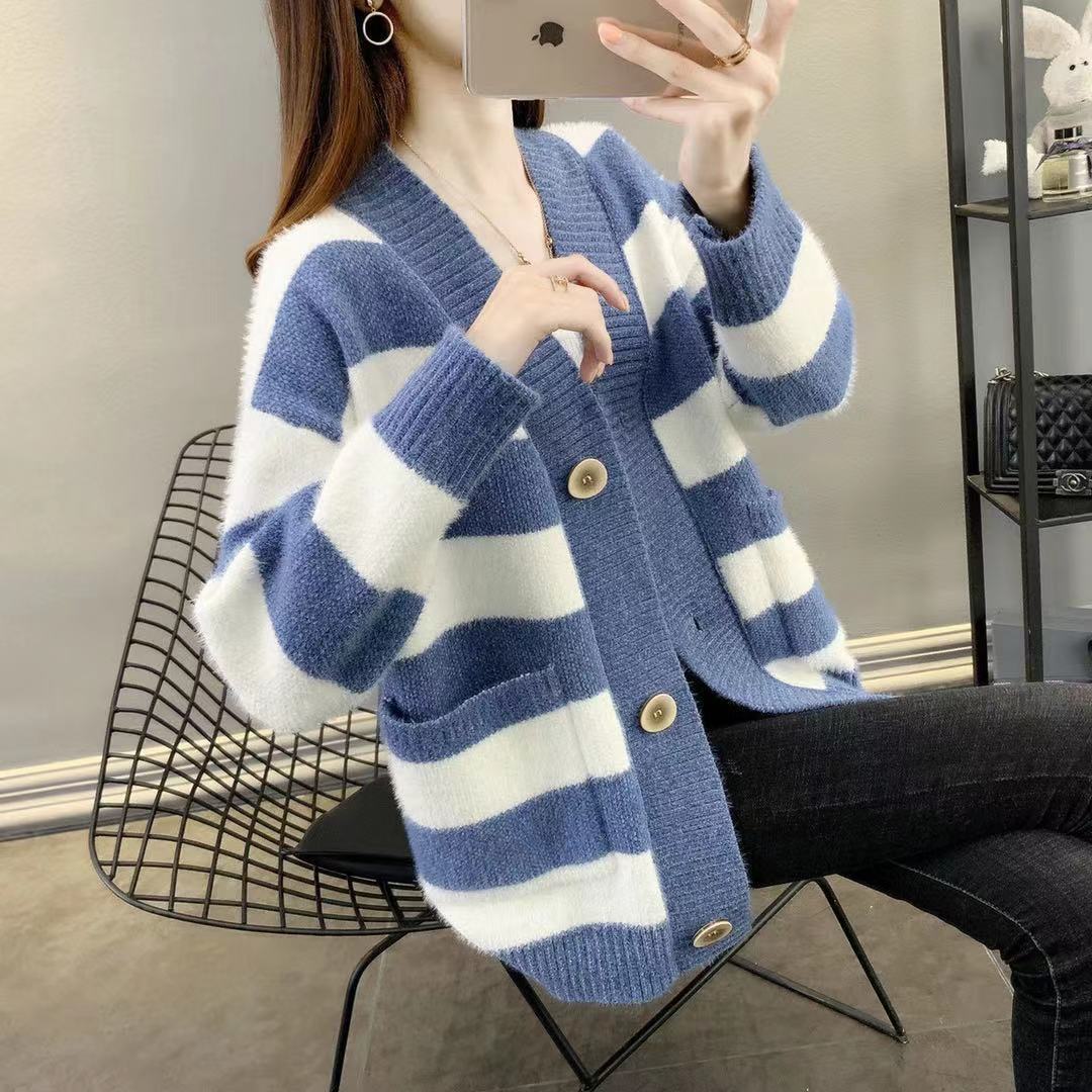 Women's chunky knit cardigan with Breton stripes and practical pockets NOVAE