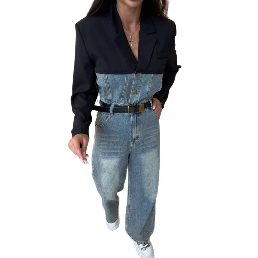 Women's denim jumpsuit with contrasting top and wide leg NOVAE