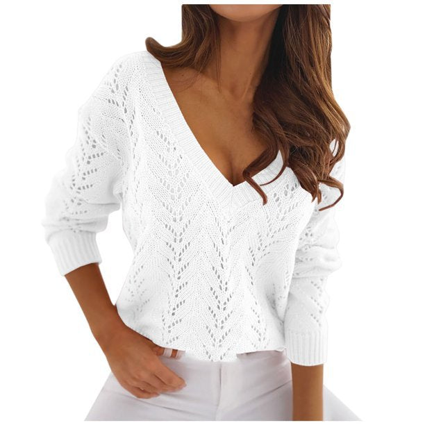 Women's knitted sweater with crochet pattern and V-neck NOVAE