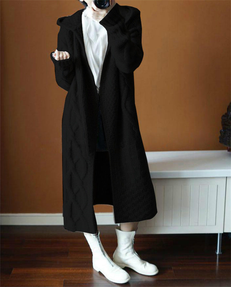 Women's Long Knitted Coat with Hood and Cable Pattern NOVAE