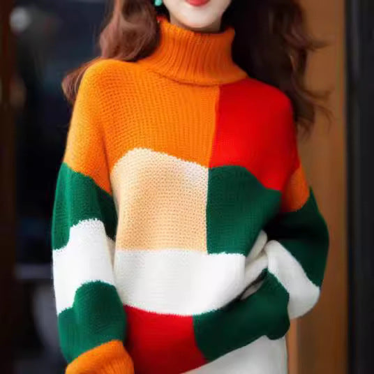 Women's chunky knit sweater with high collar and colorful color block design NOVAE