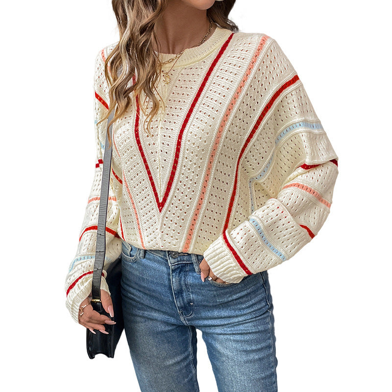 Women's knitted sweater with modern openwork pattern and decorative stripes NOVAE