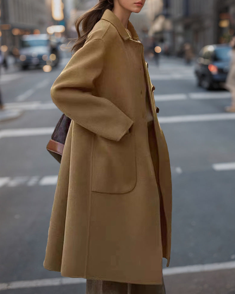 Women's Elegant Wool Coat with High Pockets and Classic Lapels NOVAE