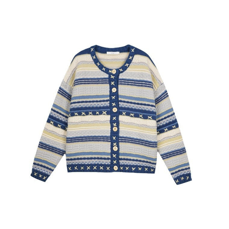 Women's cardigan with colorful striped pattern and decorative buttons NOVAE