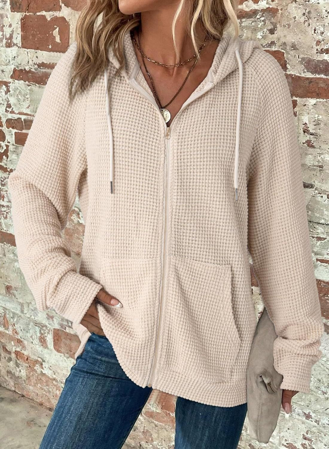 Women's waffle pullover jacket with hood and pockets NOVAE