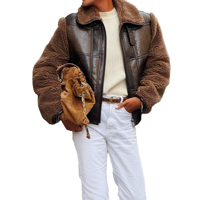 Women's faux fur leather jacket in an elegant oversized style NOVAE