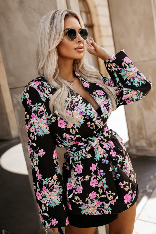 Women's Elegant Blazer Jacket with Animal Print and Accentuated Waist Belt NOVAE