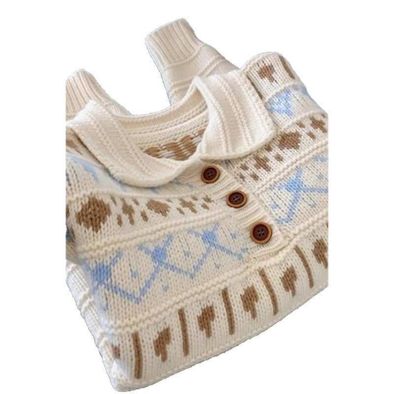 Women's chunky knit sweater with lovely graphic design and romantic collar NOVAE