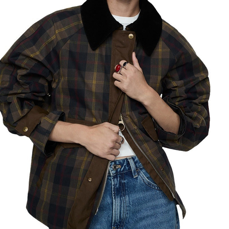 Women's Checkered Jacket with Soft Corduroy Collar NOVAE