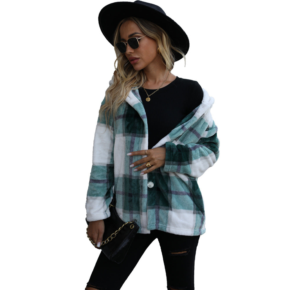 Women's Cozy Fleece Jacket with Hood and Checkered Design NOVAE