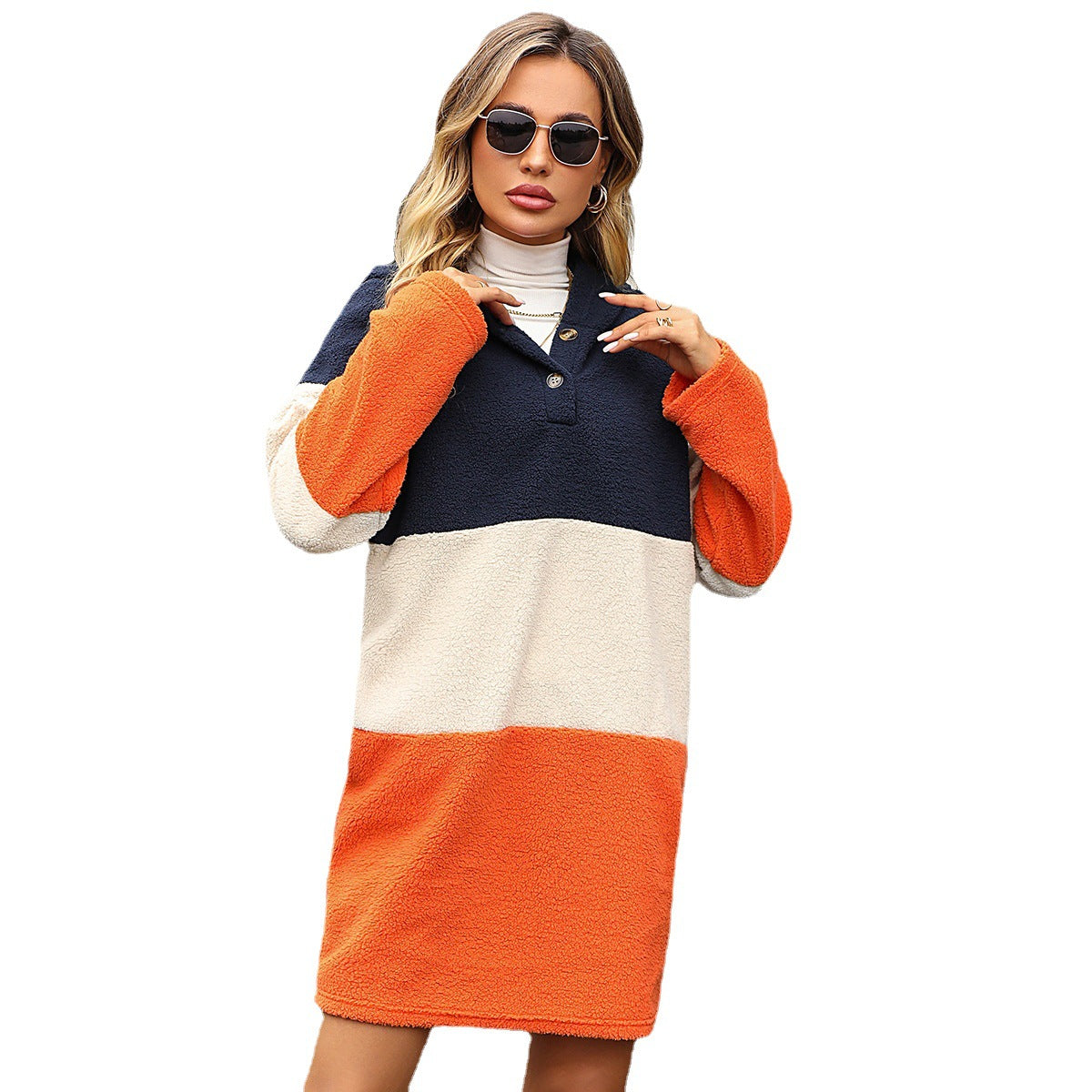 Women's fleece dress with practical Henley neckline and colorful block design NOVAE