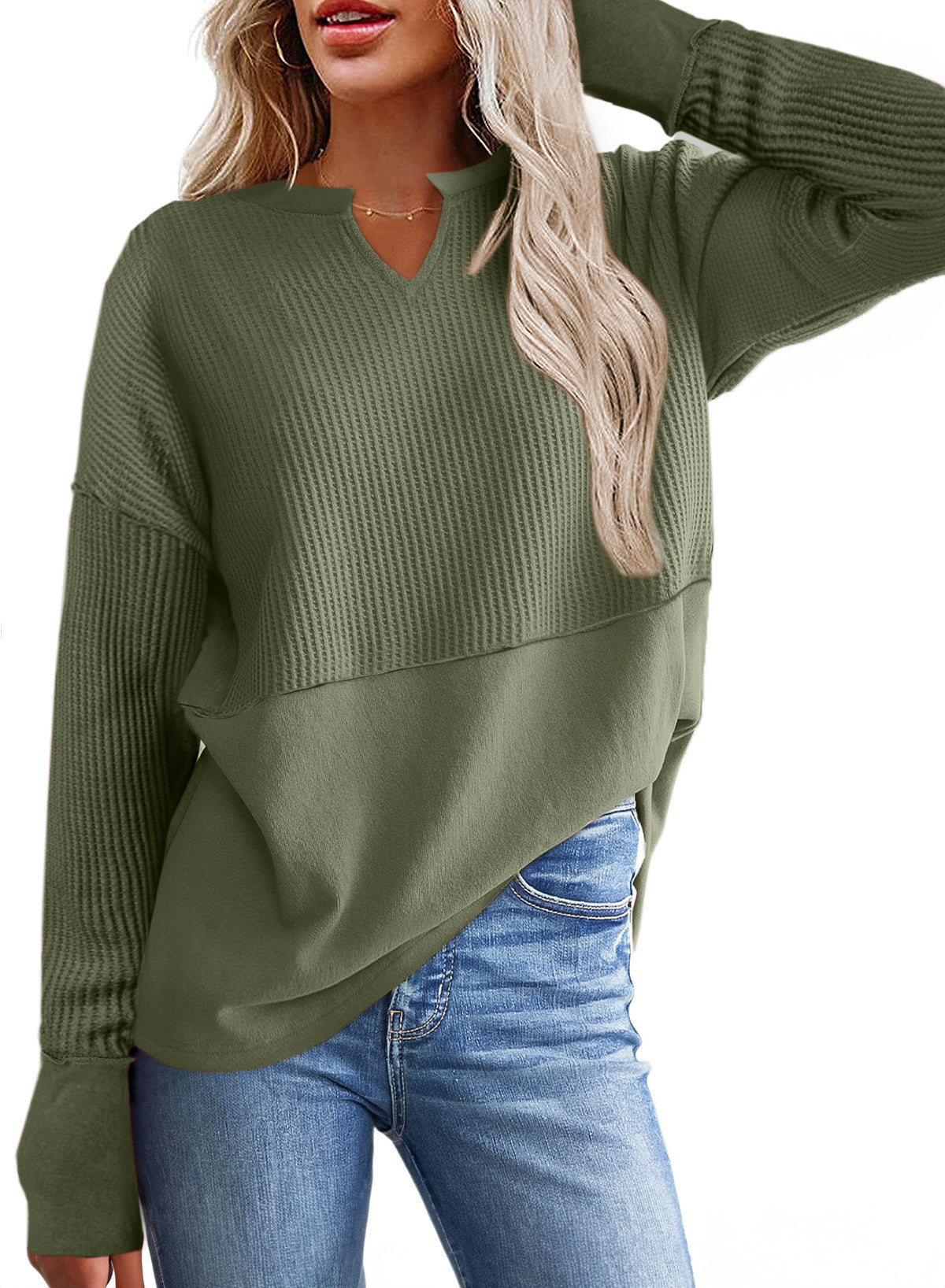 Women's casual knit sweater with V-neck and texture NOVAE