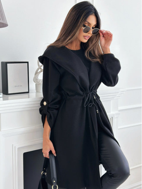 Women's hip-length fabric coat with hood and waist belt NOVAE