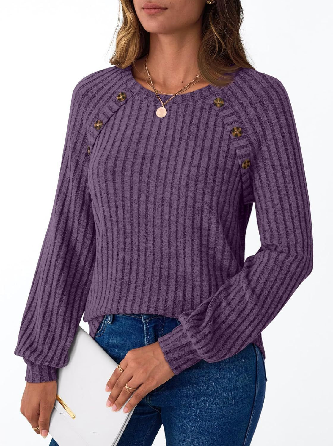 Women's knitted sweater with decorative buttons and modern rib pattern NOVAE