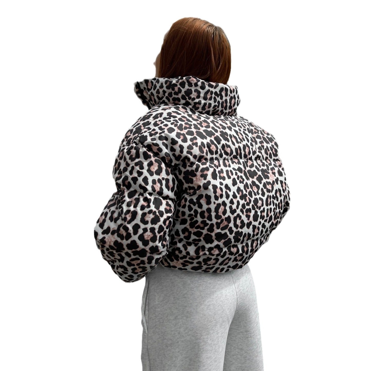 Women's stylish padded down jacket in fashionable leopard print NOVAE