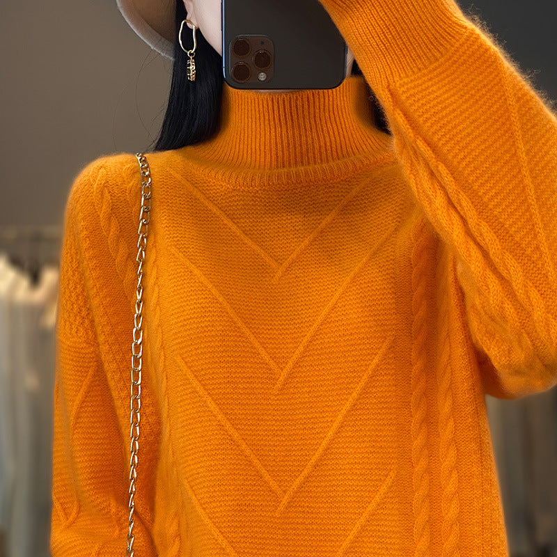 Women's chunky knit sweater with innovative cable pattern and high stand-up collar NOVAE