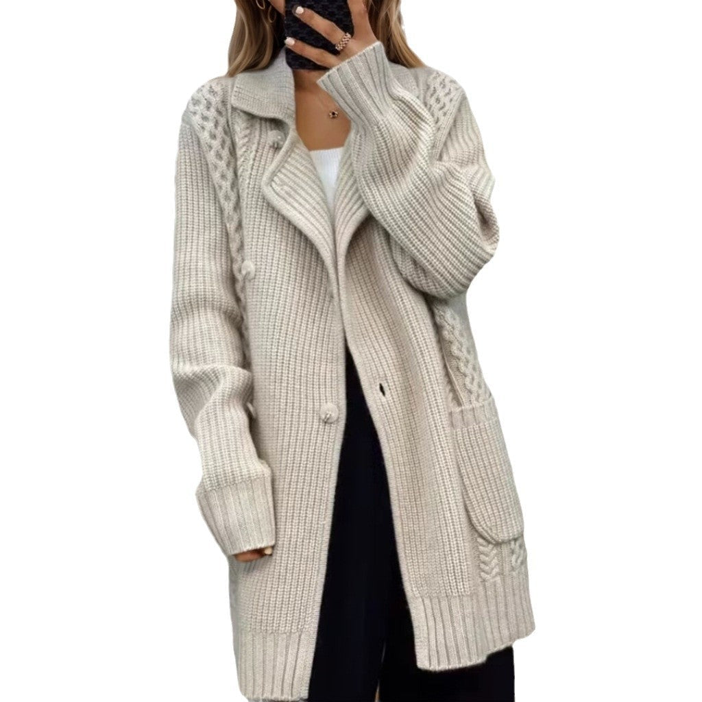Women's cardigan with adjustable belt and structured cable knit pattern NOVAE