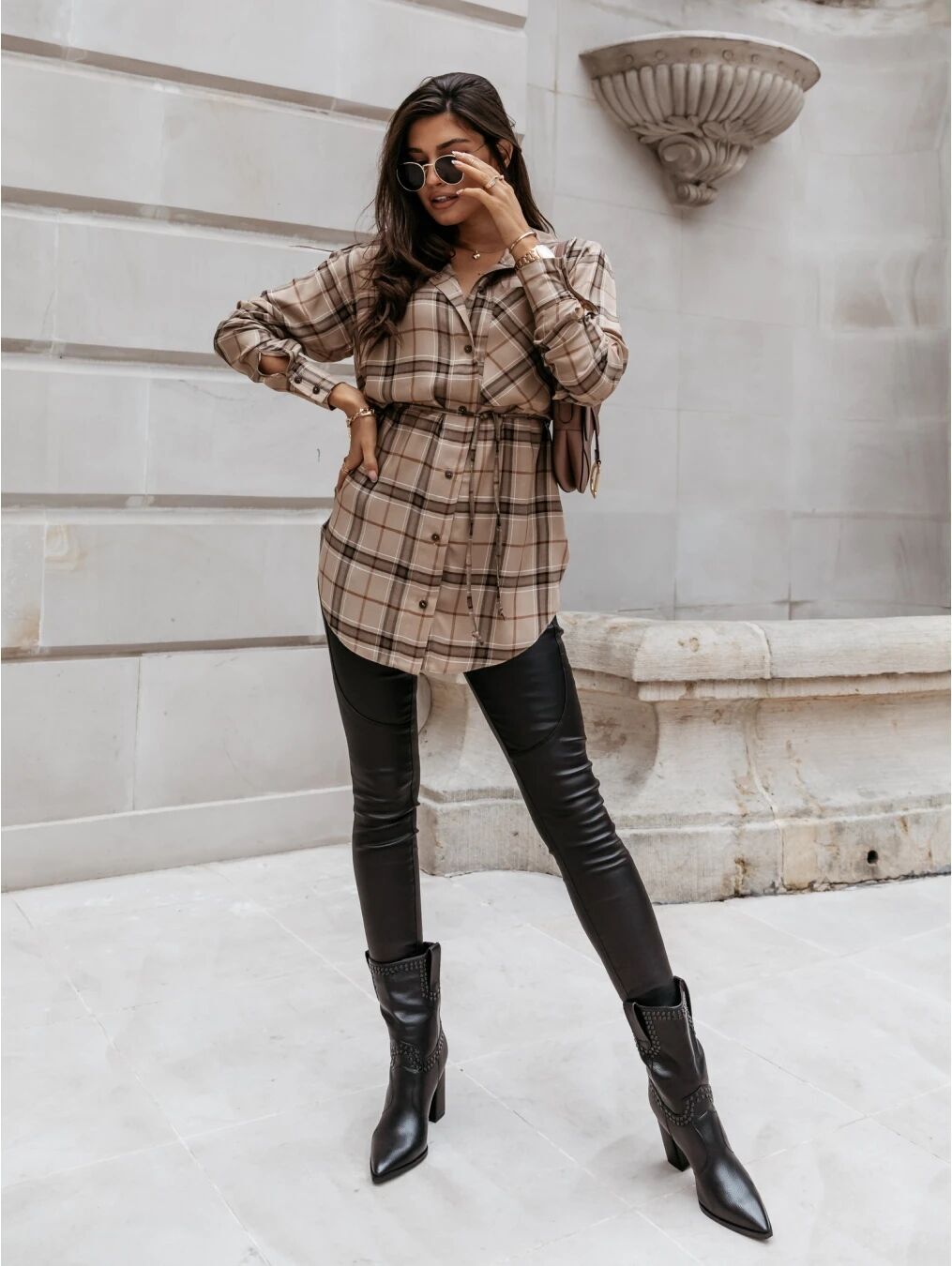 Women's long-sleeved shirt dress with adjustable belt and fashionable check design NOVAE