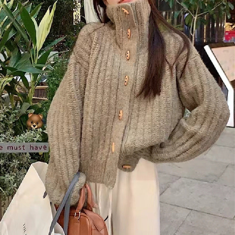 Women's Cozy Knit Sweater with High Collar and Button Details NOVAE