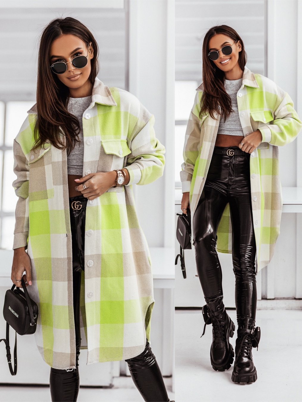 Women's checked button-up coat with rounded hem NOVAE
