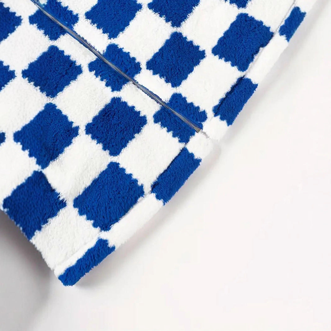 Women's plush jacket with check pattern and high collar NOVAE