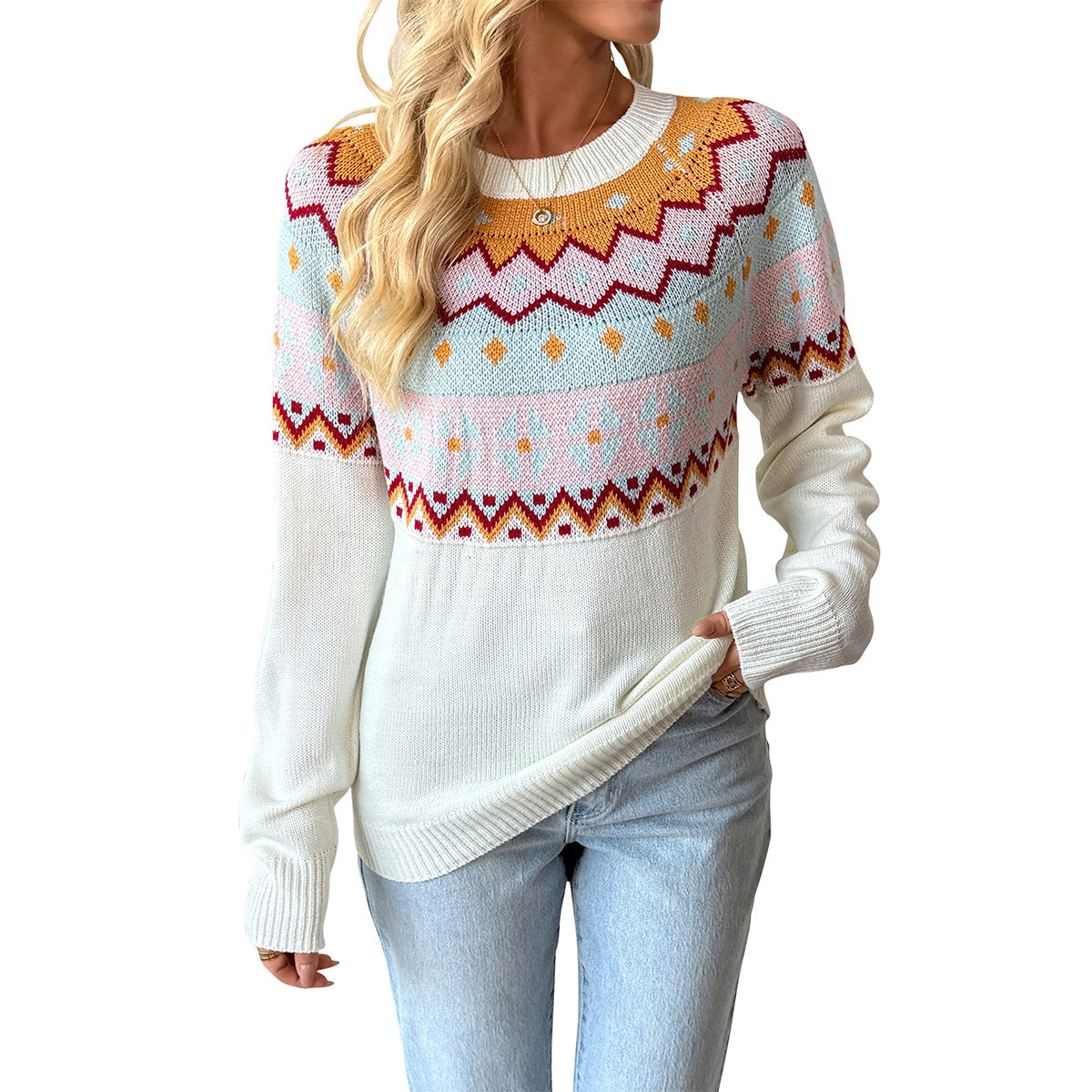 Women's knitted sweater with traditional pattern and dropped shoulders NOVAE
