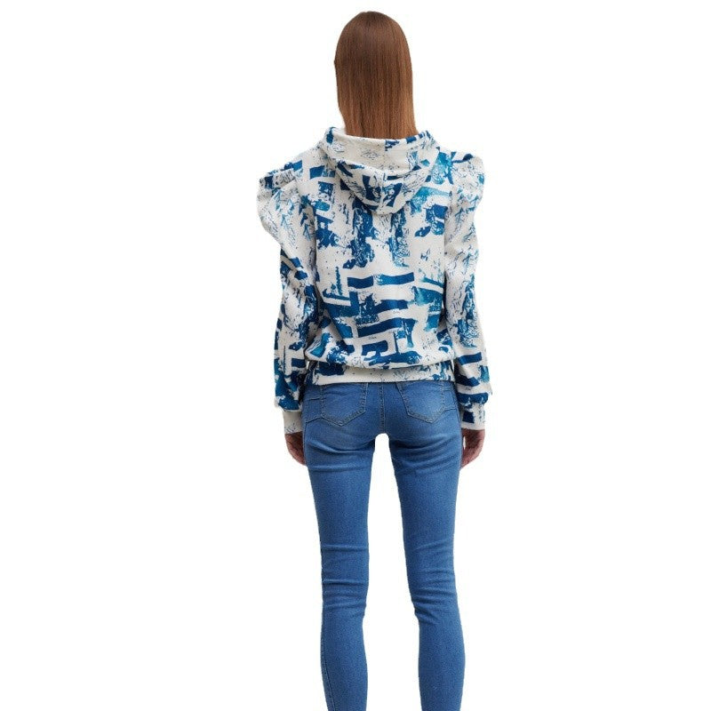 Women's hooded sweatshirt with fashionable ruffle design and creative print NOVAE