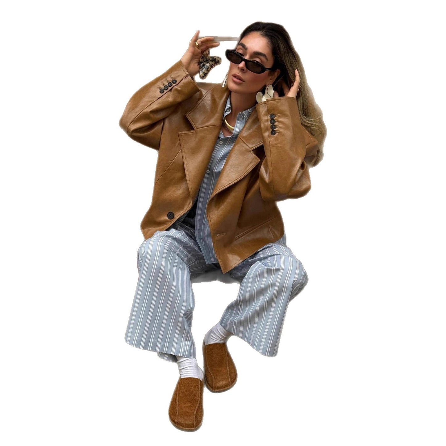 Women's short leather jacket in a stylish blazer look NOVAE