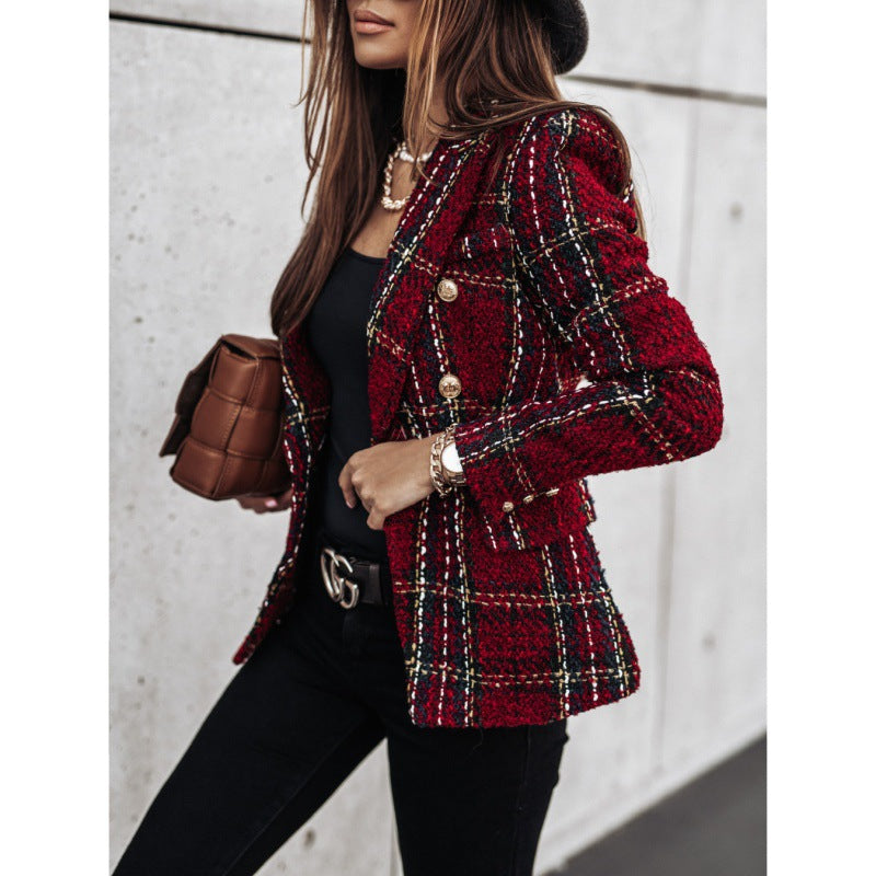Women's Checkered Blazer with Gold Buttons and Textured Fabric NOVAE