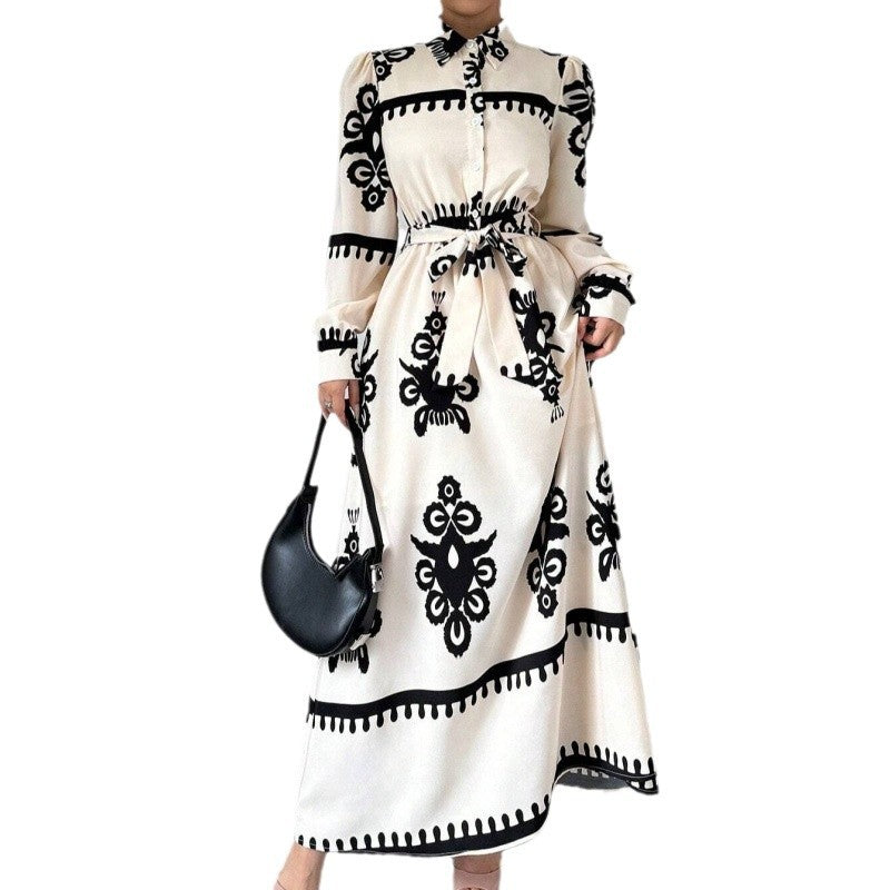 Women's long-sleeved maxi dress with elegant button design and adjustable waist belt NOVAE