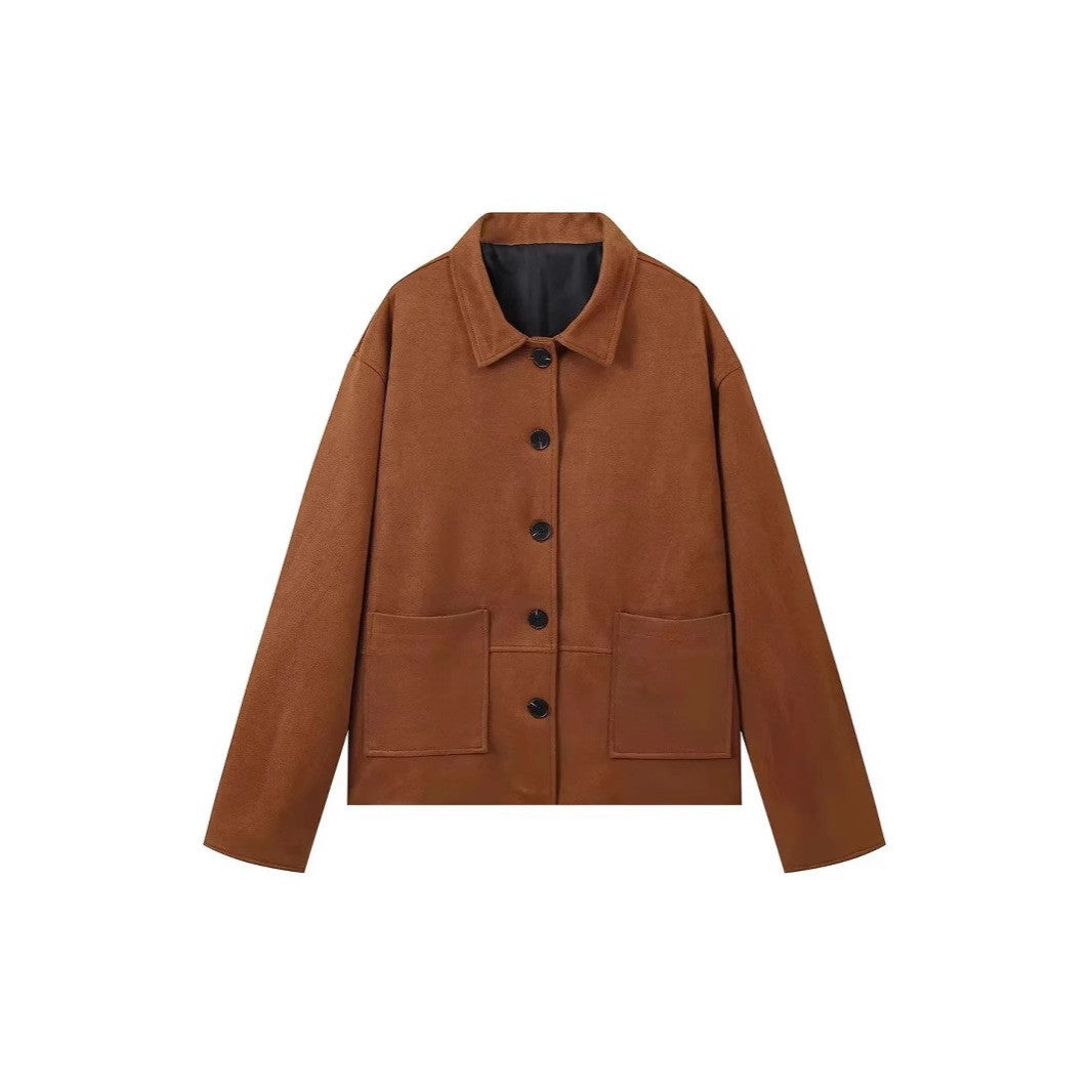 Women's oversized suede jacket with patch pockets and high-quality button placket NOVAE