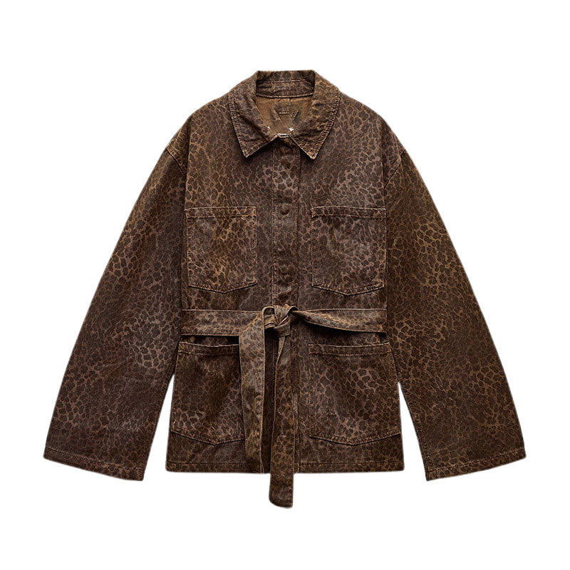 Women's fashionable denim jacket in leopard print design with belt NOVAE