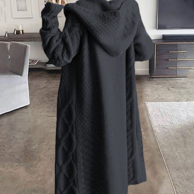 Women's knitted coat with hood and cable knit pattern NOVAE