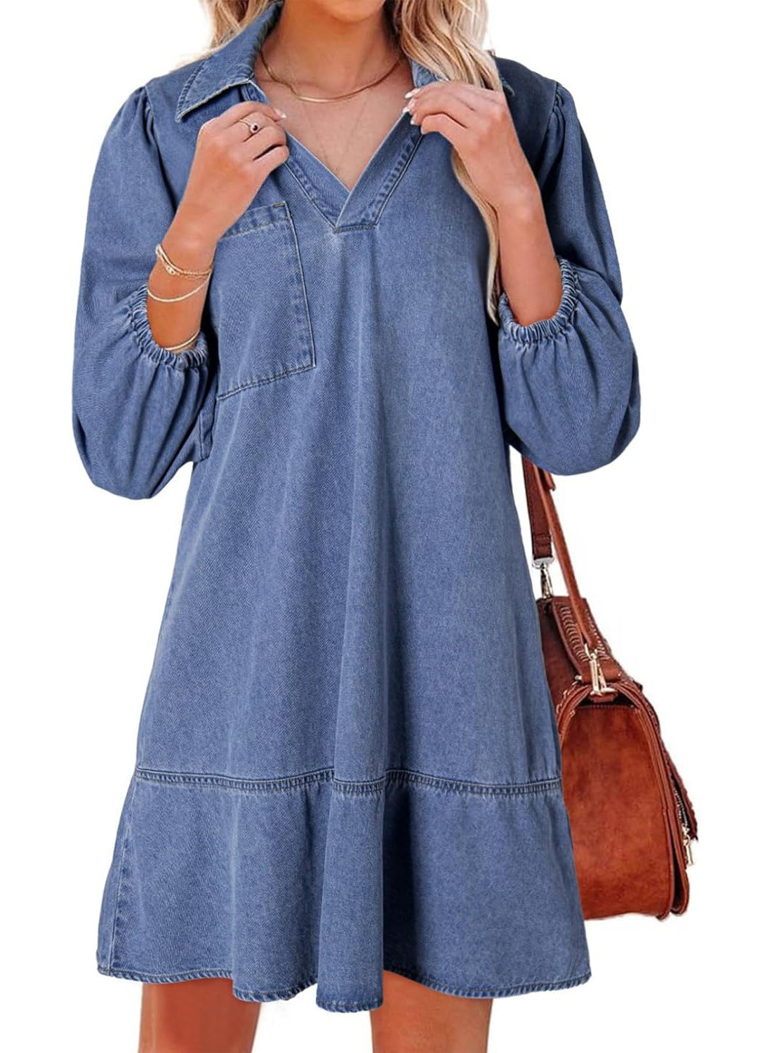 Women's denim dress with voluminous sleeves and side pocket NOVAE