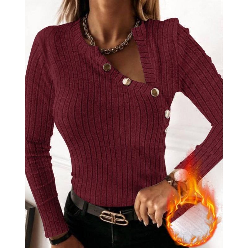 Women's long-sleeved shirt with fashionable button detail and ribbed texture NOVAE