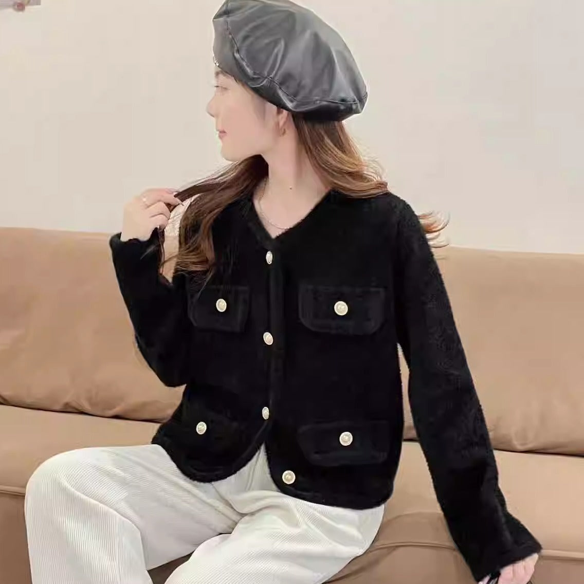 Women's Fluffy Cardigan with Decorative Button Details and Practical Pockets NOVAE