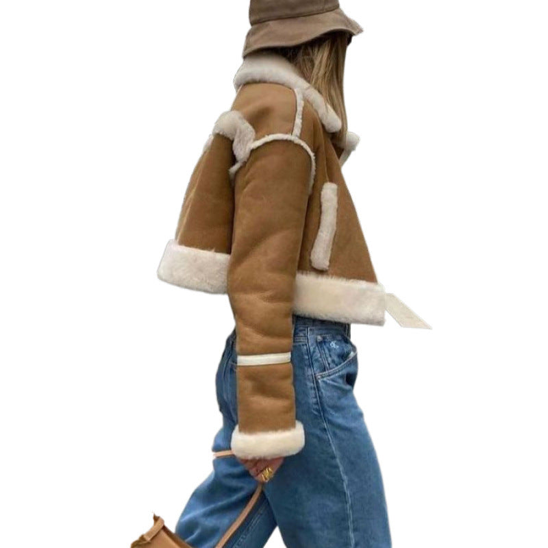 Women's short leather jacket with faux fur trim NOVAE