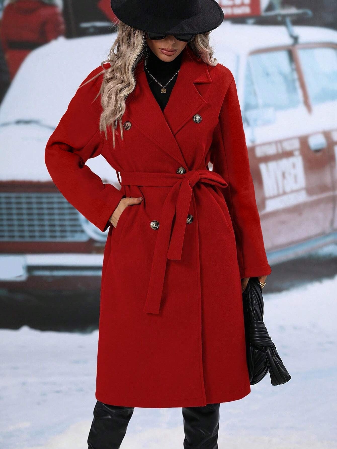 Women's Fashionable Wool Coat with Belt NOVAE
