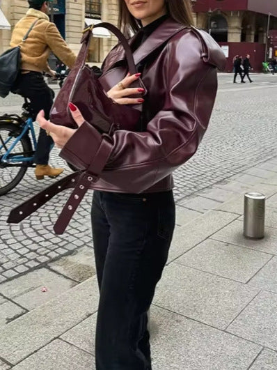 Women's Trendy Oversized Leather Jacket with Structured Shoulder Pads and Waist Belt NOVAE