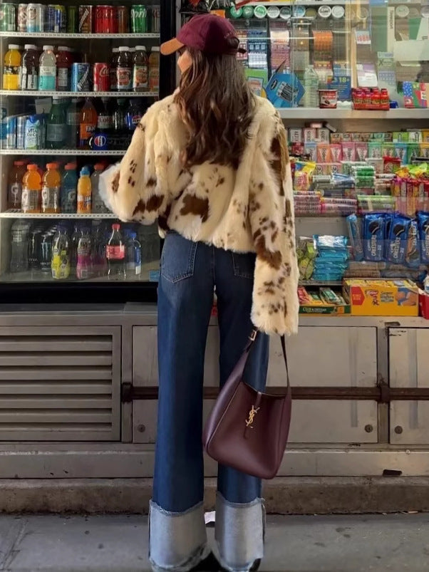 Women's fashionable short jacket made of faux fur with a unique animal motif NOVAE