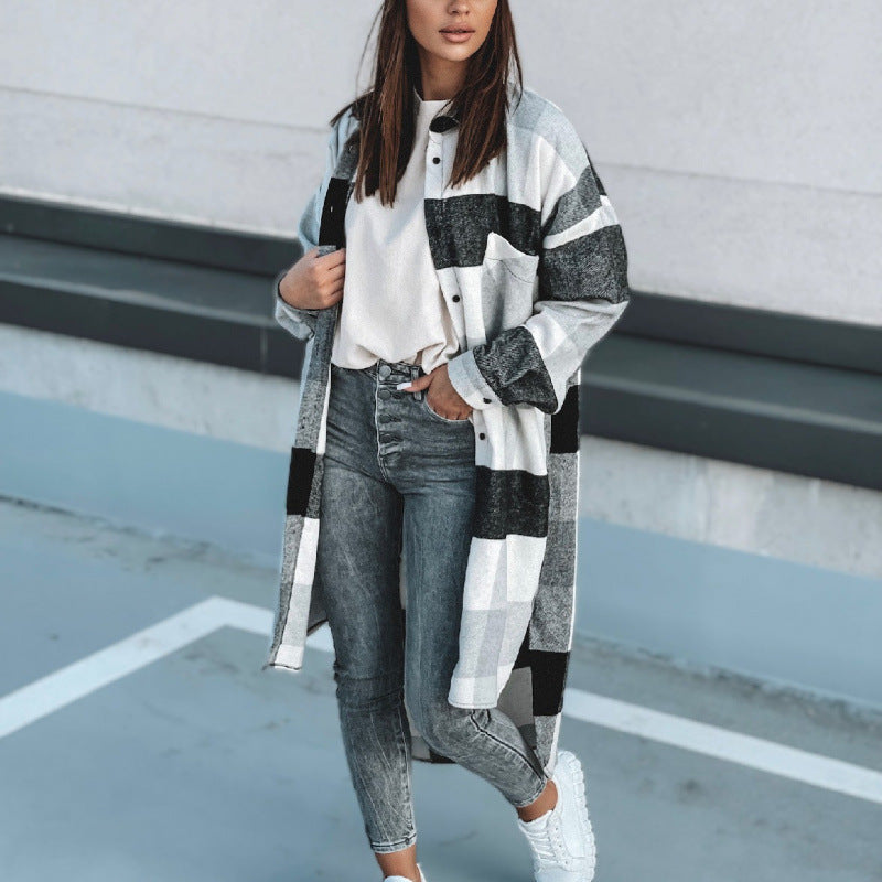 Women's Long Check Winter Coat with Button-Down Design and Loose Fit NOVAE