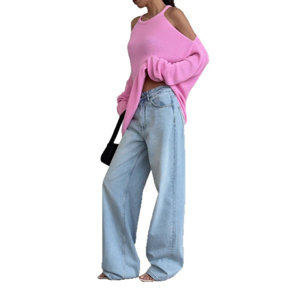 Women's casual knit sweater with open shoulder design and soft rib pattern NOVAE