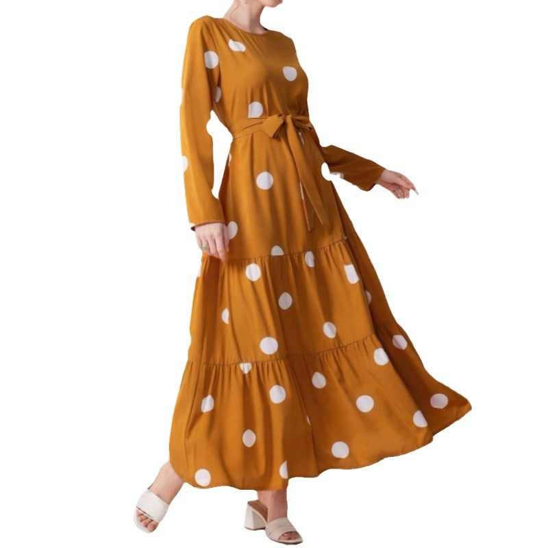 Women's maxi dress with colorful polka dot pattern and waist belt NOVAE
