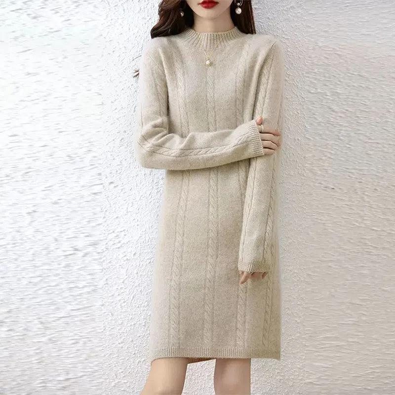 Women's knit dress with elegant cable design and high collar NOVAE