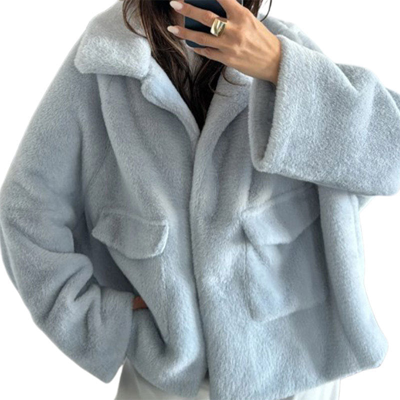 Women's Cozy Teddy Jacket with Large Lapels and Practical Pockets NOVAE