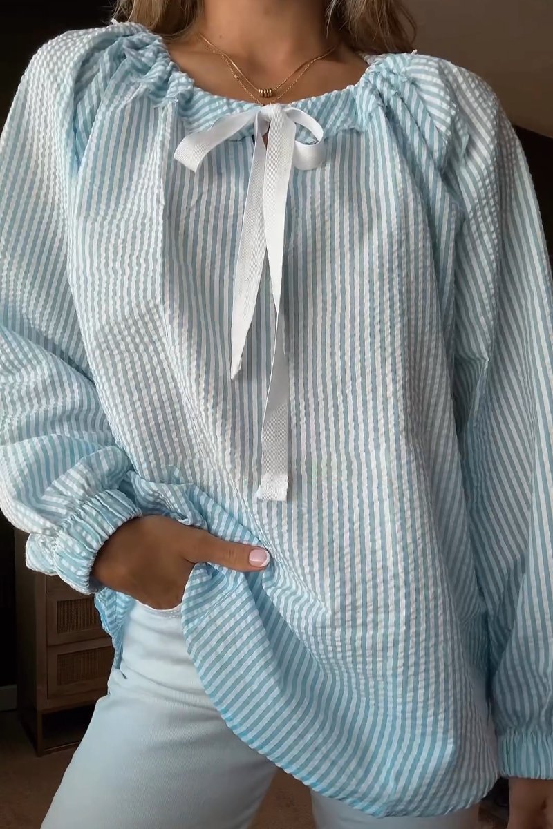 Women's blouse with elasticated neckline and bow tie NOVAE