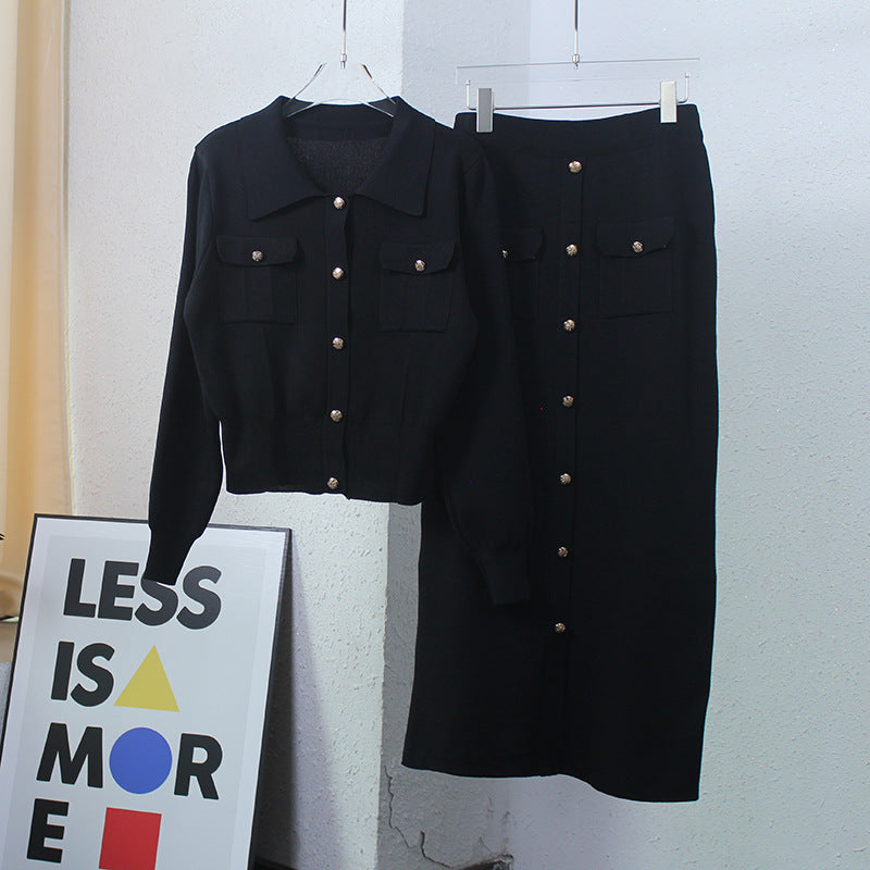 Women's structured knit ensemble with decorative pockets and button placket NOVAE